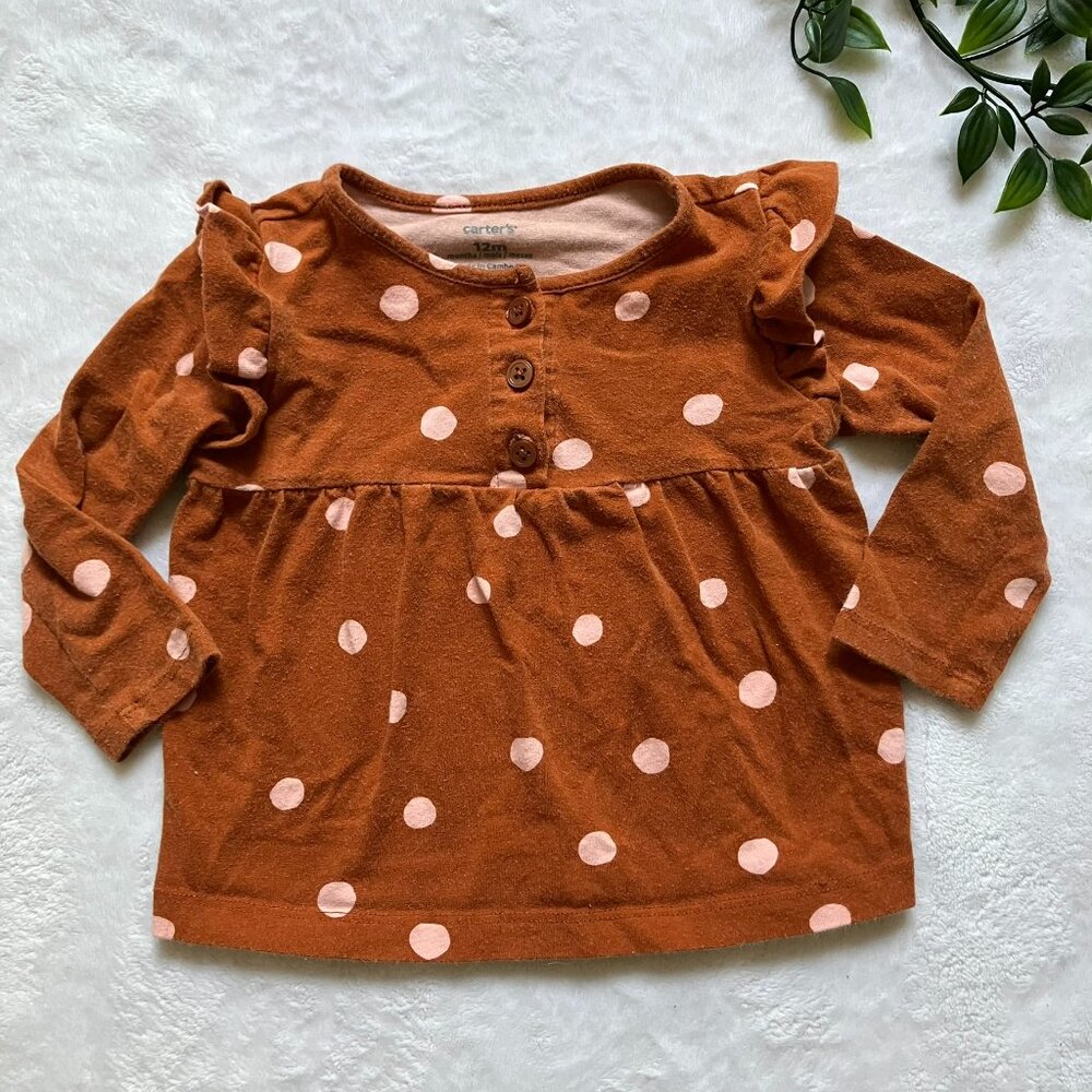 Carter’s 12M Baby Girl Polka Dot Top Brown Ruffle Long Sleeve